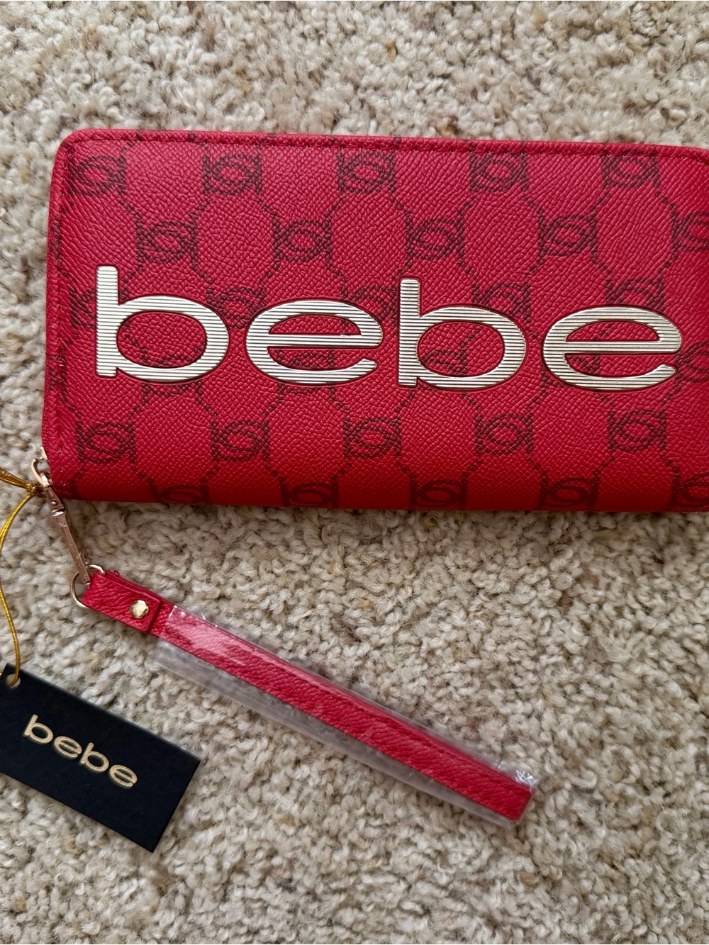 bebe Red Logo Zip-Around Wristlet Card Holder